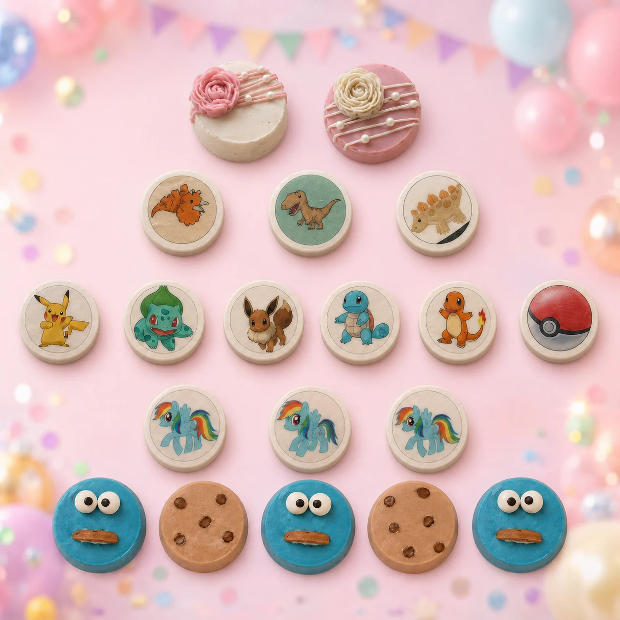 Colección de detalles de chocolate decorados con flores y personajes en colores pastel