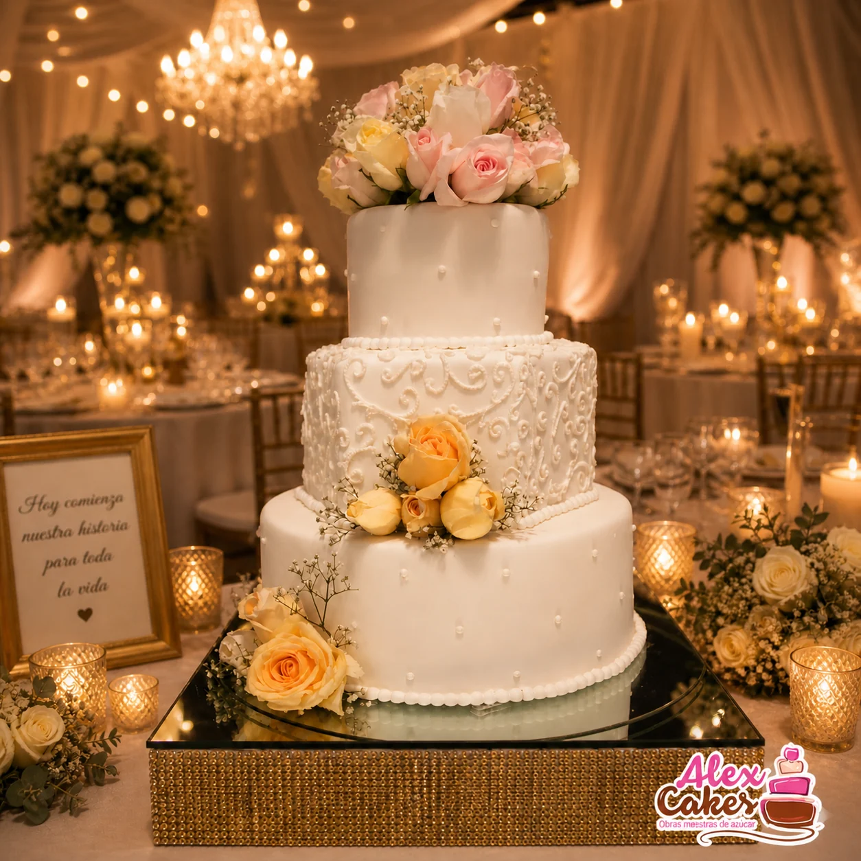 Queque de tres pisos de Alex Cakes con rosas y detalles artesanales en una celebración elegante